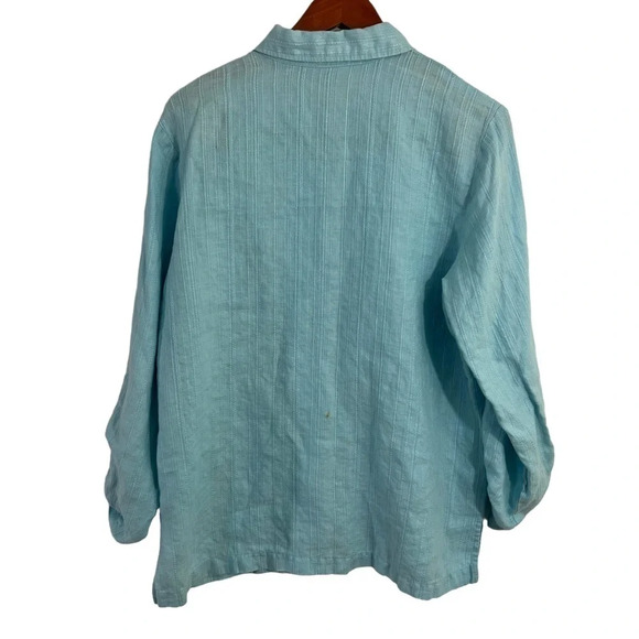 JM Collection Sky Baby Blue Button Up Shirt 14 Embroidered Stripes 100% Linen - Picture 2 of 7